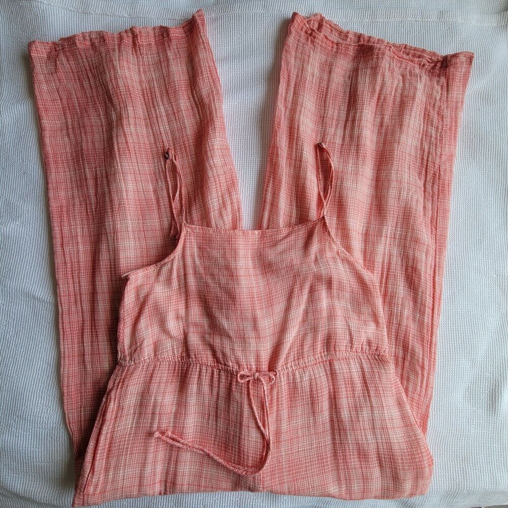 URBAN OUTFITTERS Orange Plaid Check Jumpsuit Size S Gauzy Cotton Lined Wide Leg - Picture 7 of 9
